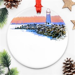 Breakwater Santa Cruz T- Shirt Lighthouse Breakwater Santa Cruz U S A Voyage Art Digital Painting Wa Ornament (round) by JamesGoode