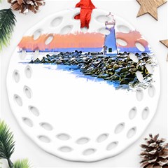 Breakwater Santa Cruz T- Shirt Lighthouse Breakwater Santa Cruz U S A Voyage Art Digital Painting Wa Ornament (round Filigree) by JamesGoode