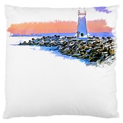 Breakwater Santa Cruz T- Shirt Lighthouse Breakwater Santa Cruz U S A Voyage Art Digital Painting Wa Large Cushion Case (one Side) by JamesGoode