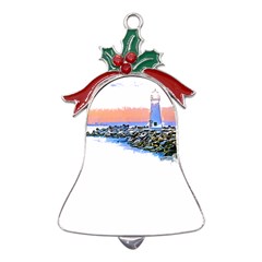 Breakwater Santa Cruz T- Shirt Lighthouse Breakwater Santa Cruz U S A Voyage Art Digital Painting Wa Metal Holly Leaf Bell Ornament by JamesGoode