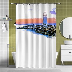 Breakwater Santa Cruz T- Shirt Lighthouse Breakwater Santa Cruz U S A Voyage Art Digital Painting Wa Shower Curtain 48  X 72  (small)  by JamesGoode