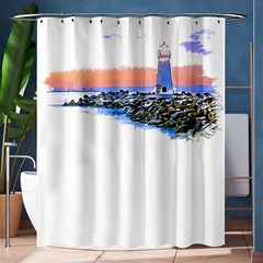 Breakwater Santa Cruz T- Shirt Lighthouse Breakwater Santa Cruz U S A Voyage Art Digital Painting Wa Shower Curtain 60  X 72  (medium)  by JamesGoode