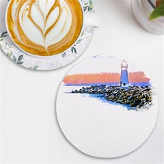 Breakwater Santa Cruz T- Shirt Lighthouse Breakwater Santa Cruz U S A Voyage Art Digital Painting Wa Uv Print Round Tile Coaster by JamesGoode