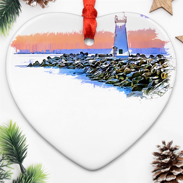 Breakwater Santa Cruz T- Shirt Lighthouse Breakwater Santa Cruz U S A Voyage Art Digital Painting Wa Ornament (Heart)