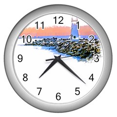 Breakwater Santa Cruz T- Shirt Lighthouse Breakwater Santa Cruz U S A Voyage Art Digital Painting Wa Wall Clock (silver) by JamesGoode