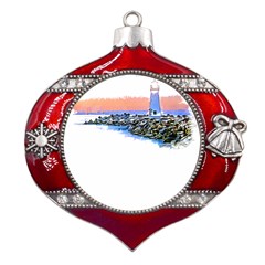 Breakwater Santa Cruz T- Shirt Lighthouse Breakwater Santa Cruz U S A Voyage Art Digital Painting Wa Metal Snowflake And Bell Red Ornament by JamesGoode