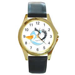 Pelican T-shirtwhite Look Calm Pelican 08 T-shirt (1) Round Gold Metal Watch by EnriqueJohnson