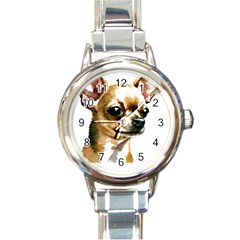 Brown Chihuahua T- Shirt Tan Brown Chihuahua Watercolor Portrait T- Shirt Round Italian Charm Watch by JamesGoode