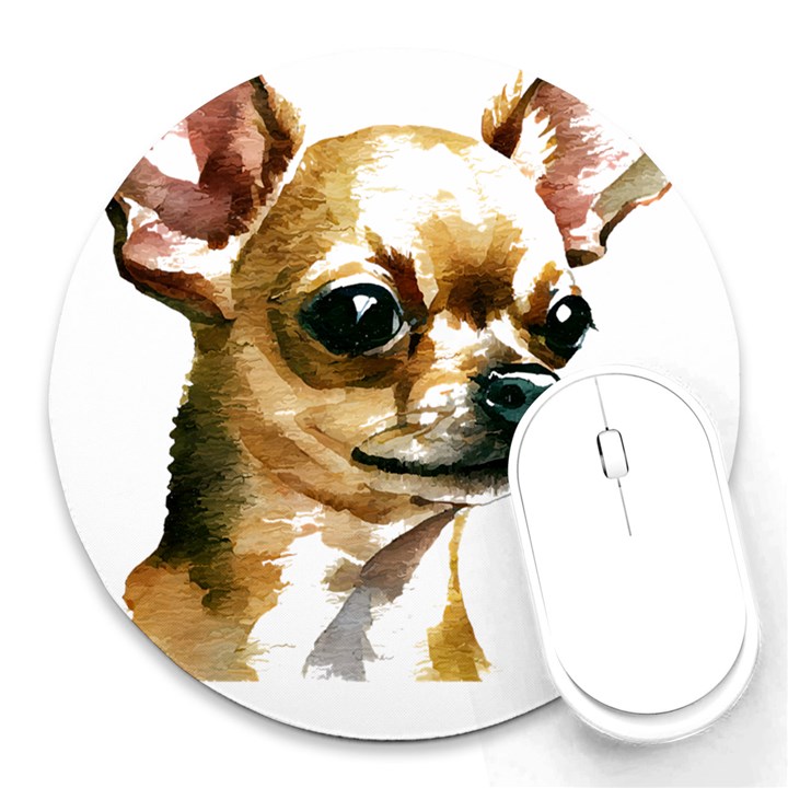 Brown Chihuahua T- Shirt Tan Brown Chihuahua Watercolor Portrait T- Shirt Round Mousepad