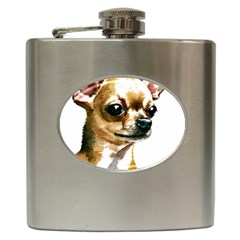 Brown Chihuahua T- Shirt Tan Brown Chihuahua Watercolor Portrait T- Shirt Hip Flask (6 Oz) by JamesGoode