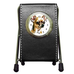 Brown Chihuahua T- Shirt Tan Brown Chihuahua Watercolor Portrait T- Shirt Pen Holder Desk Clock by JamesGoode