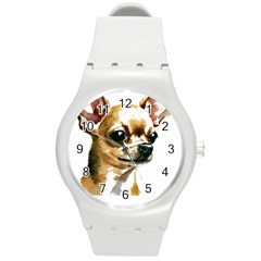 Brown Chihuahua T- Shirt Tan Brown Chihuahua Watercolor Portrait T- Shirt Round Plastic Sport Watch (m)