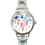 Flowers And Leaves T- Shirt Midsummer I Scream Flower Cones    Print    Pink Coral Aqua And Teal Flo Round Italian Charm Watch Front