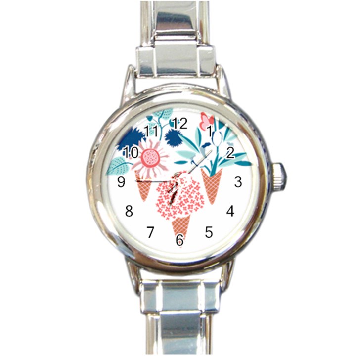 Flowers And Leaves T- Shirt Midsummer I Scream Flower Cones    Print    Pink Coral Aqua And Teal Flo Round Italian Charm Watch