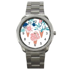 Flowers And Leaves T- Shirt Midsummer I Scream Flower Cones    Print    Pink Coral Aqua And Teal Flo Sport Metal Watch