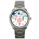 Flowers And Leaves T- Shirt Midsummer I Scream Flower Cones    Print    Pink Coral Aqua And Teal Flo Sport Metal Watch Front