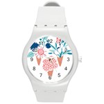 Flowers And Leaves T- Shirt Midsummer I Scream Flower Cones    Print    Pink Coral Aqua And Teal Flo Round Plastic Sport Watch (M) Front