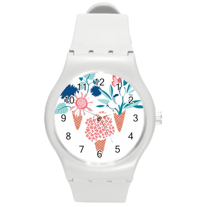 Flowers And Leaves T- Shirt Midsummer I Scream Flower Cones    Print    Pink Coral Aqua And Teal Flo Round Plastic Sport Watch (M)