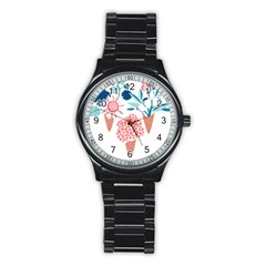 Flowers And Leaves T- Shirt Midsummer I Scream Flower Cones    Print    Pink Coral Aqua And Teal Flo Stainless Steel Round Watch