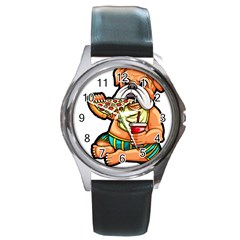 Bulldog Gifts T- Shirtbulldog Eating Pizza T- Shirt Round Metal Watch by JamesGoode