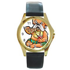 Bulldog Gifts T- Shirtbulldog Eating Pizza T- Shirt Round Gold Metal Watch by JamesGoode