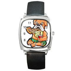 Bulldog Gifts T- Shirtbulldog Eating Pizza T- Shirt Square Metal Watch by JamesGoode