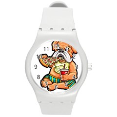 Bulldog Gifts T- Shirtbulldog Eating Pizza T- Shirt Round Plastic Sport Watch (m) by JamesGoode