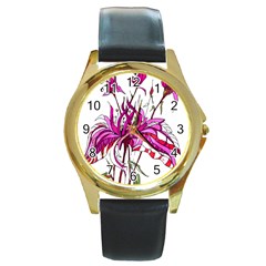 Flowers Illustration T- Shirtflowers T- Shirt Round Gold Metal Watch by ZUXUMI