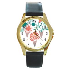 Flowers T- Shirt Midsummer I Scream Flower Cones    Print    Green Aqua And Orange Flowers Bouquets Round Gold Metal Watch by ZUXUMI