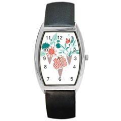 Flowers T- Shirt Midsummer I Scream Flower Cones    Print    Green Aqua And Orange Flowers Bouquets Barrel Style Metal Watch by ZUXUMI