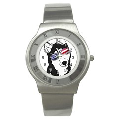 Fourth Of July T- Shirt Patriotic Husky T- Shirt Stainless Steel Watch by ZUXUMI