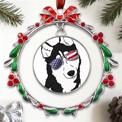 Fourth Of July T- Shirt Patriotic Husky T- Shirt Metal X mas Wreath Ribbon Ornament by ZUXUMI