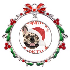 French Bulldog T- Shirt French Bulldog Merry Christmas T- Shirt (1) Metal X mas Wreath Ribbon Ornament by ZUXUMI