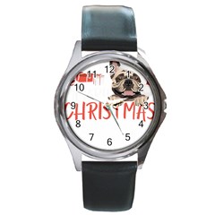 French Bulldog T- Shirt French Bulldog Merry Christmas T- Shirt (2) Round Metal Watch by ZUXUMI