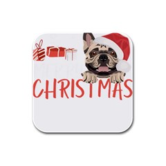 French Bulldog T- Shirt French Bulldog Merry Christmas T- Shirt (2) Rubber Square Coaster (4 Pack) by ZUXUMI