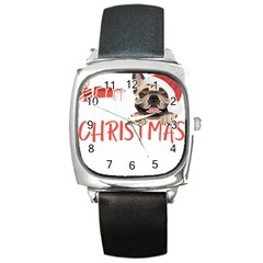 French Bulldog T- Shirt French Bulldog Merry Christmas T- Shirt (2) Square Metal Watch by ZUXUMI