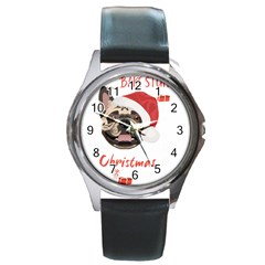 French Bulldog T- Shirt French Bulldog Merry Christmas T- Shirt Round Metal Watch by ZUXUMI