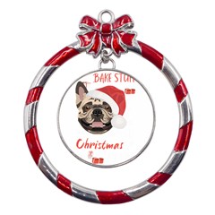 French Bulldog T- Shirt French Bulldog Merry Christmas T- Shirt Metal Red Ribbon Round Ornament by ZUXUMI