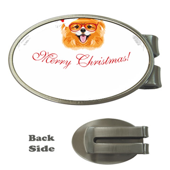 Pomeranian Dog T-shirthappy Pomeranian Dog Wearing Eyeglasses And Santa Hat T-shirt Money Clips (Oval) 