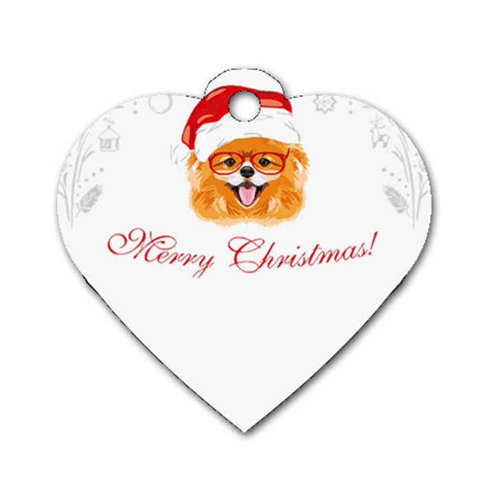 Pomeranian Dog T-shirthappy Pomeranian Dog Wearing Eyeglasses And Santa Hat T-shirt Dog Tag Heart (One Side)