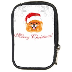 Pomeranian Dog T-shirthappy Pomeranian Dog Wearing Eyeglasses And Santa Hat T-shirt Compact Camera Leather Case by EnriqueJohnson