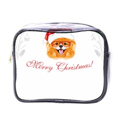 Pomeranian Dog T-shirthappy Pomeranian Dog Wearing Eyeglasses And Santa Hat T-shirt Mini Toiletries Bag (one Side) by EnriqueJohnson