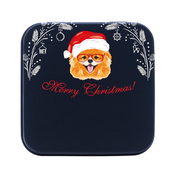 Pomeranian Dog T-shirthappy Pomeranian Dog Wearing Eyeglasses And Santa Hat T-shirt Square Metal Box (Black)