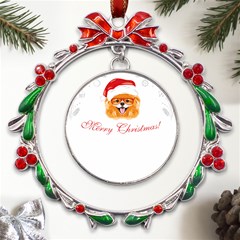 Pomeranian Dog T-shirthappy Pomeranian Dog Wearing Eyeglasses And Santa Hat T-shirt Metal X mas Wreath Ribbon Ornament by EnriqueJohnson