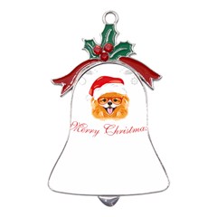 Pomeranian Dog T-shirthappy Pomeranian Dog Wearing Eyeglasses And Santa Hat T-shirt Metal Holly Leaf Bell Ornament