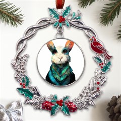 Rabbit T-shirtrabbit Watercolor Painting #rabbit T-shirt (1) Metal X mas Wreath Holly Leaf Ornament by EnriqueJohnson