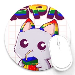 Gay Pride T- Shirt Gay Pride Kawaii Cat Strawberry Milk Rainbow Flag T- Shirt Round Mousepad by ZUXUMI