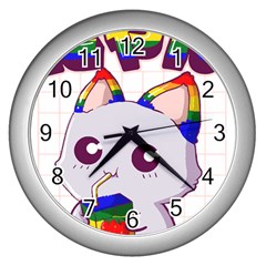 Gay Pride T- Shirt Gay Pride Kawaii Cat Strawberry Milk Rainbow Flag T- Shirt Wall Clock (silver) by ZUXUMI