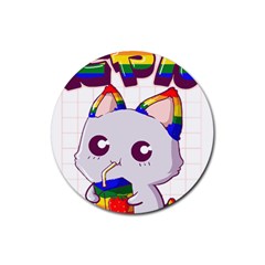 Gay Pride T- Shirt Gay Pride Kawaii Cat Strawberry Milk Rainbow Flag T- Shirt Rubber Coaster (round) by ZUXUMI