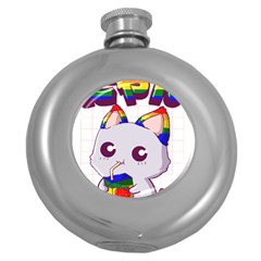 Gay Pride T- Shirt Gay Pride Kawaii Cat Strawberry Milk Rainbow Flag T- Shirt Round Hip Flask (5 Oz) by ZUXUMI